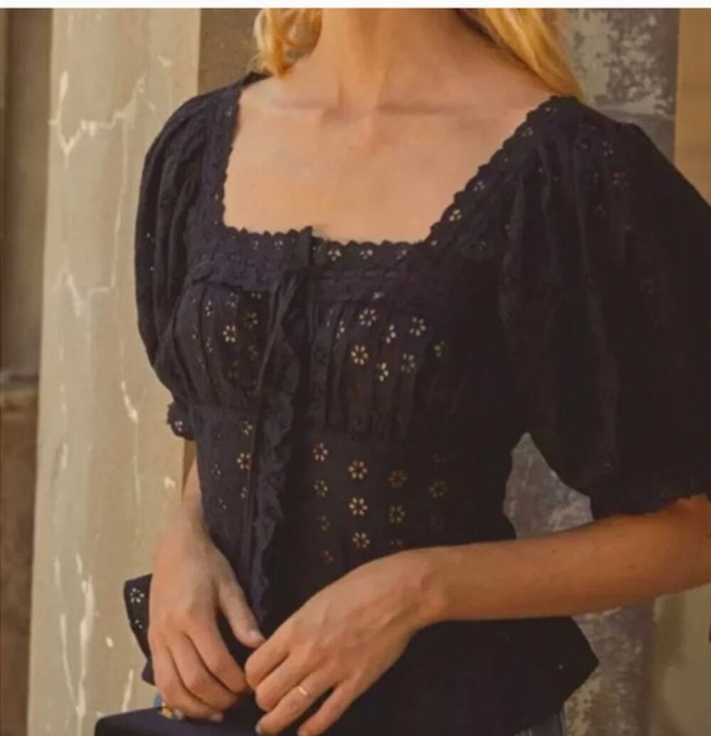 DOEN Sz XS Black Docia Top Eyelet Short Sleeve Cotton Corset Blouse